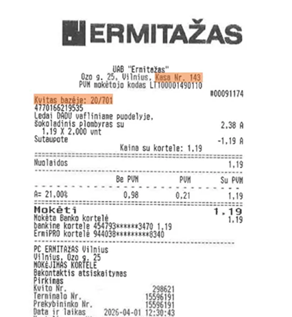 Example of a receipt with highlighted necessary fields